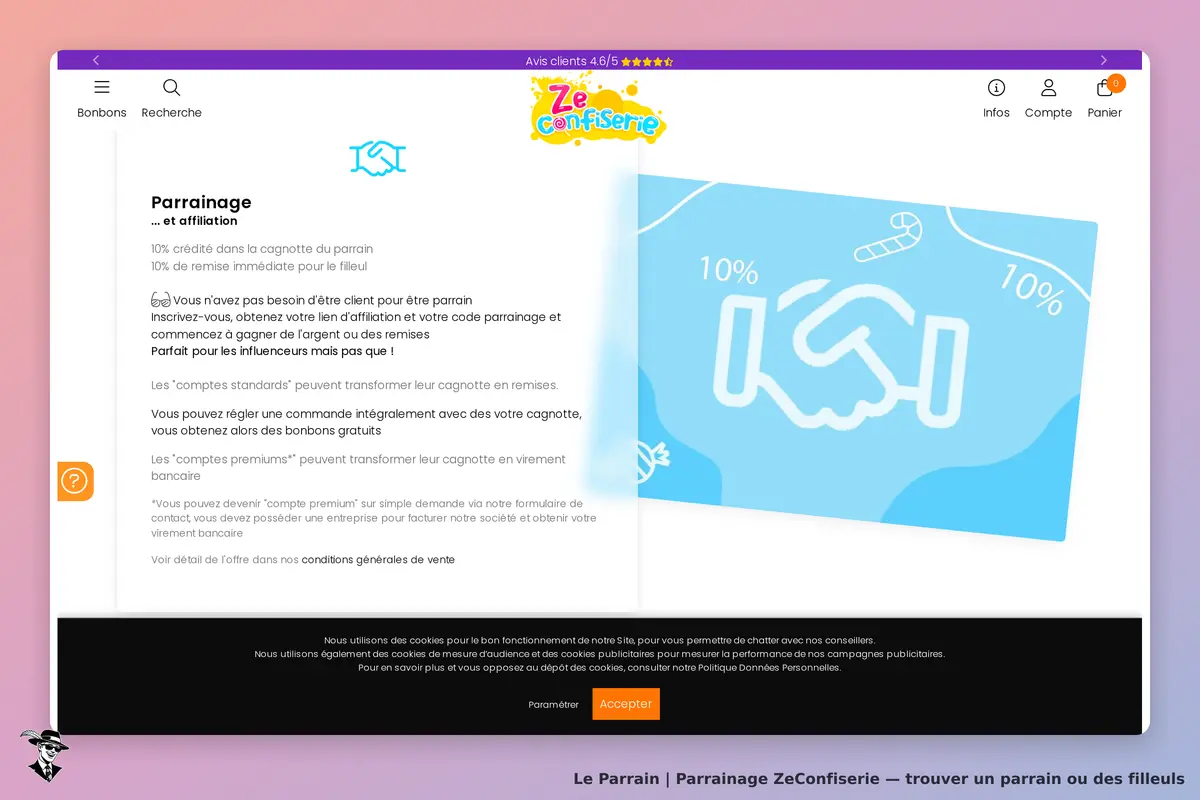 ZeConfiserie : section sur le parrainage avec des informations et un visuel de collaboration