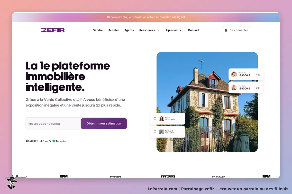 ZEFIR : page d'accueil présentant un service immobilier avec une maison et un formulaire