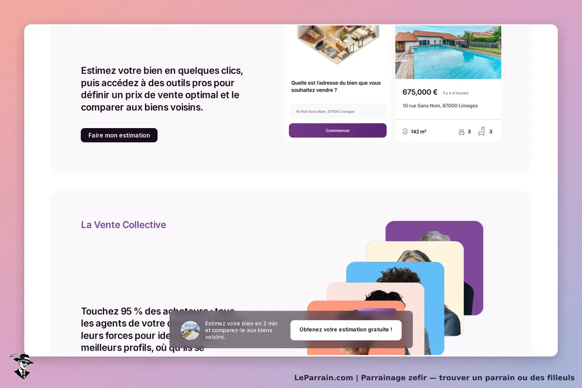 zefir : page d'accueil avec formulaire d'estimation et images de biens immobiliers