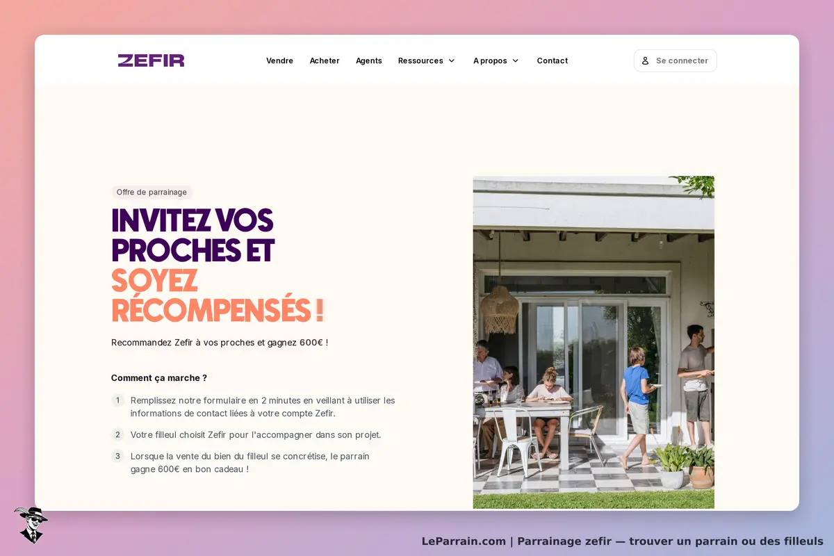ZEFIR : page d'accueil avec offre de parrainage et image d'un groupe en extérieur autour d'une