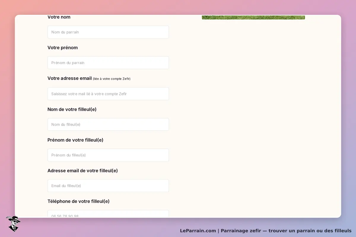 Zefir : formulaire de parrainage avec champs pour nom, prénom et email
