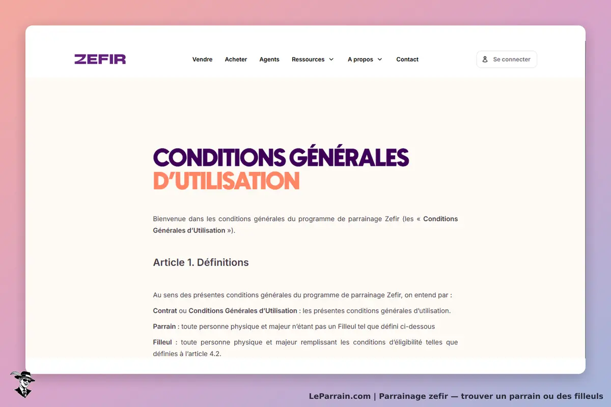 ZEFIR : conditions générales d'utilisation du programme de parrainage affichées sur la page