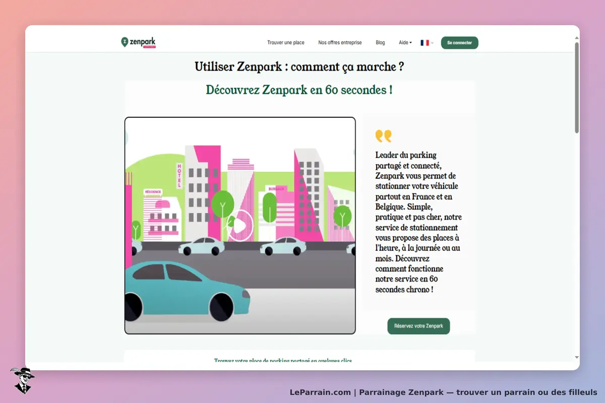 Zenpark : illustration d'une ville avec voitures et informations sur le service de stationnement