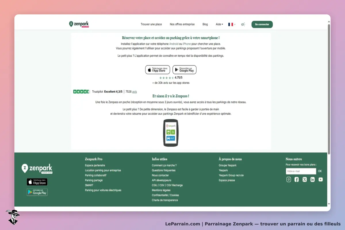 Zenpark : page d'accueil avec options de réservation et informations sur l'application mobile