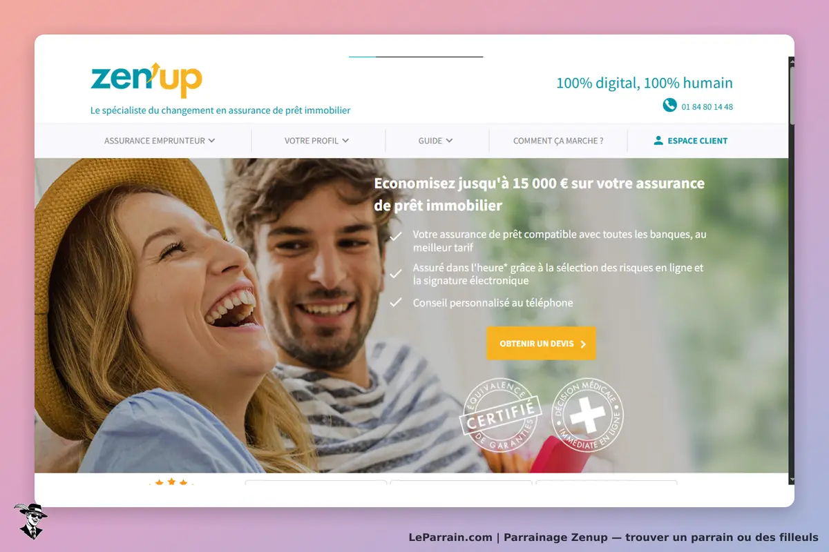 Zenup : page d'accueil avec couple souriant et informations sur l'assurance de prêt immobilier