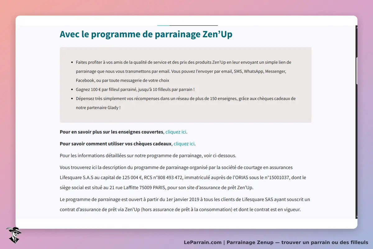Zenup : zen'Up : présentation du programme de parrainage avec des informations et des liens