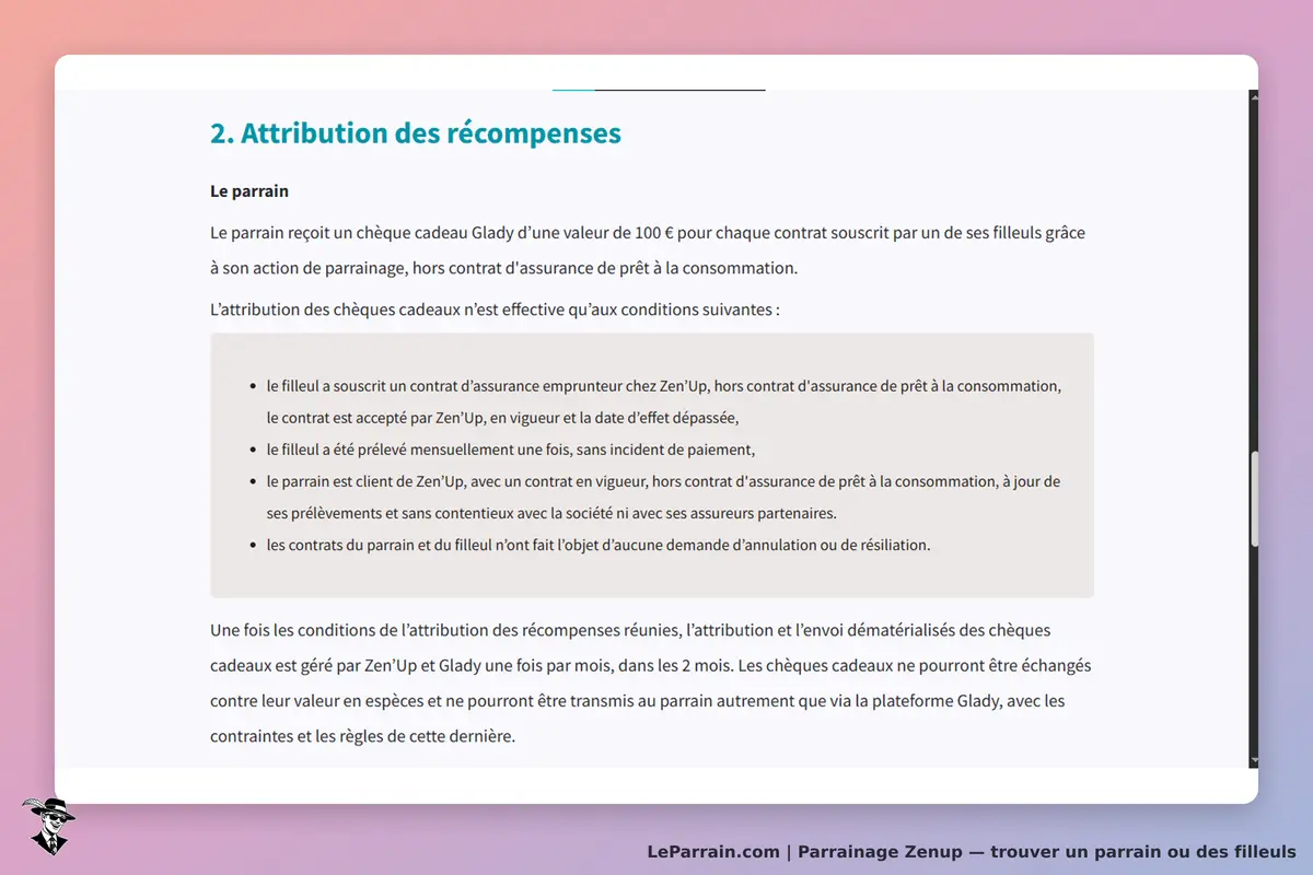 Zenup : texte explicatif sur l'attribution des chèques cadeaux pour le parrainage