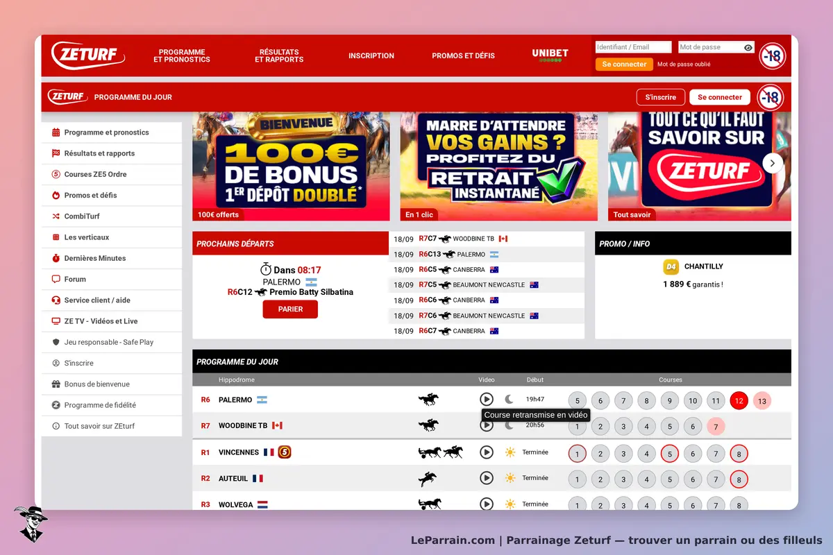 Zeturf : page d'accueil avec promotions et programme des courses à venir