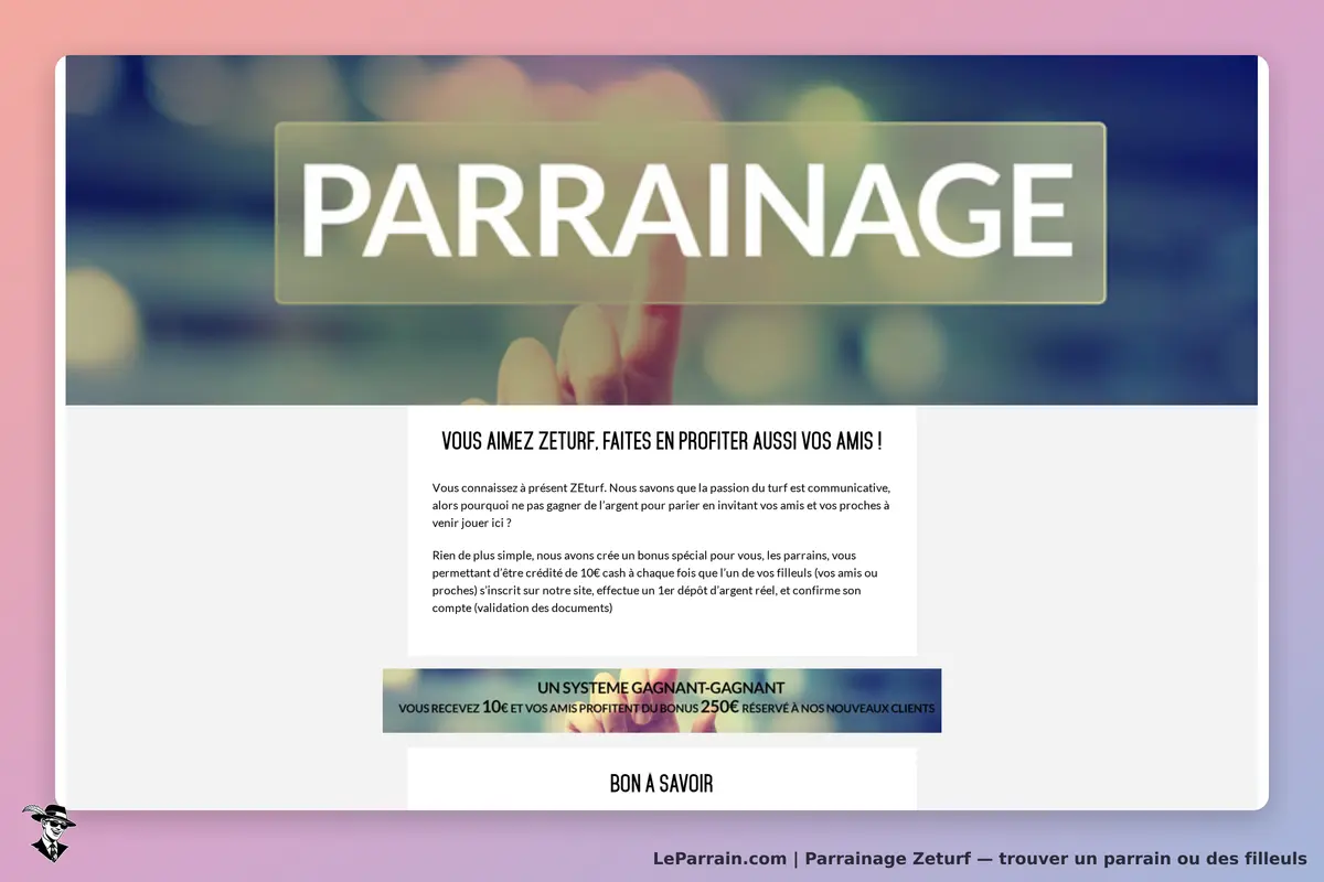 Zeturf : page d'accueil sur le parrainage avec texte explicatif et visuel attractif