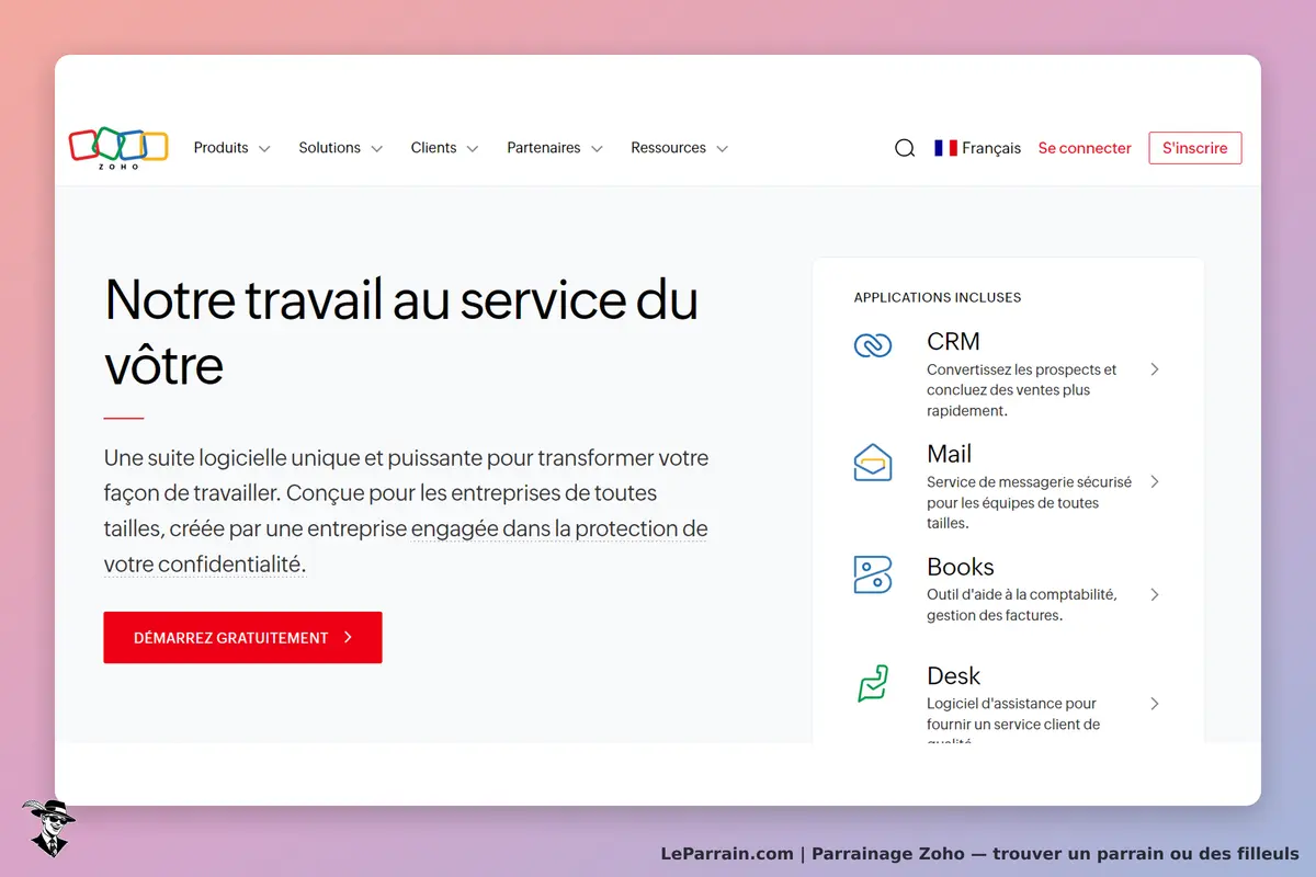 Zoho : page d'accueil présentant une suite logicielle et des applications incluses