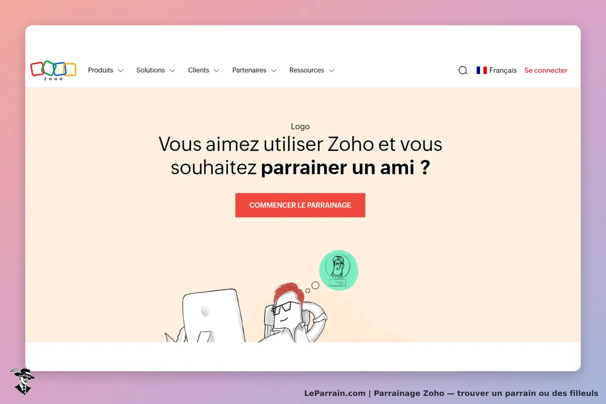 Zoho : page d'accueil avec invitation à parrainer un ami et bouton pour commencer le parrainage