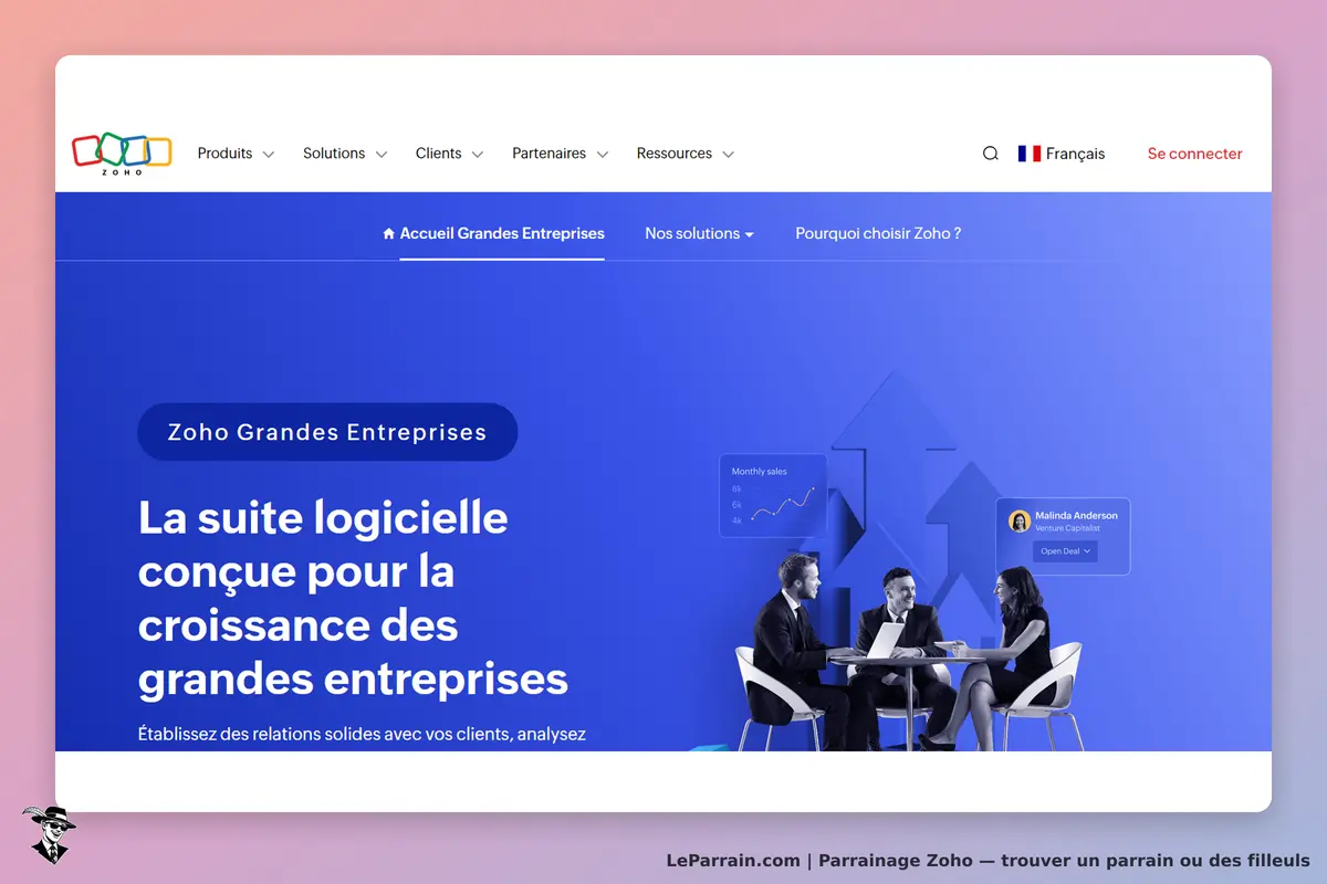 Zoho : page d'accueil avec des professionnels discutant autour d'une table, graphique en