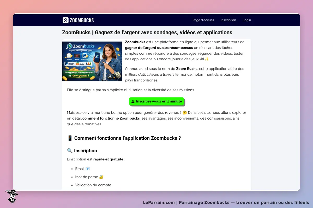 Zoombucks : page d'accueil présentant l'application et un bouton d'inscription