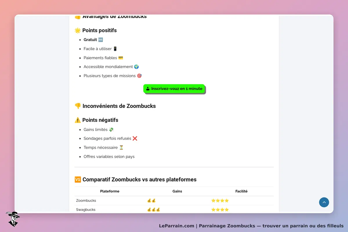 Zoombucks : avantages et inconvénients du service avec un bouton d'inscription visible