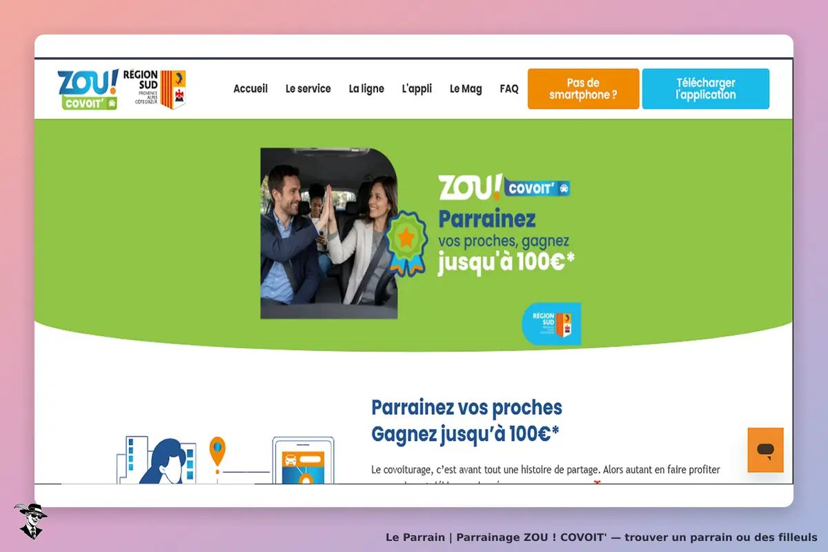 ZOU ! COVOIT' : page d'accueil avec une image de personnes dans une voiture et des options de