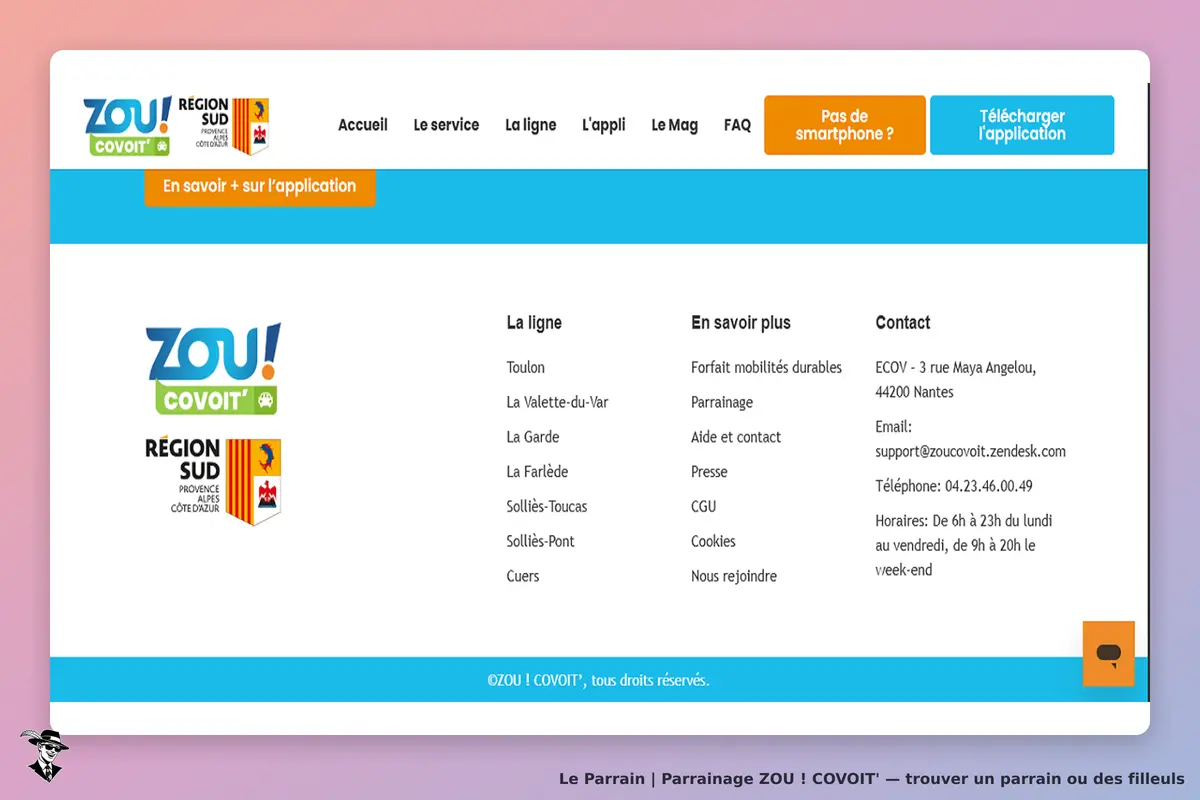 ZOU ! COVOIT' : page d'accueil avec menu, contact et informations sur les lignes de covoiturage