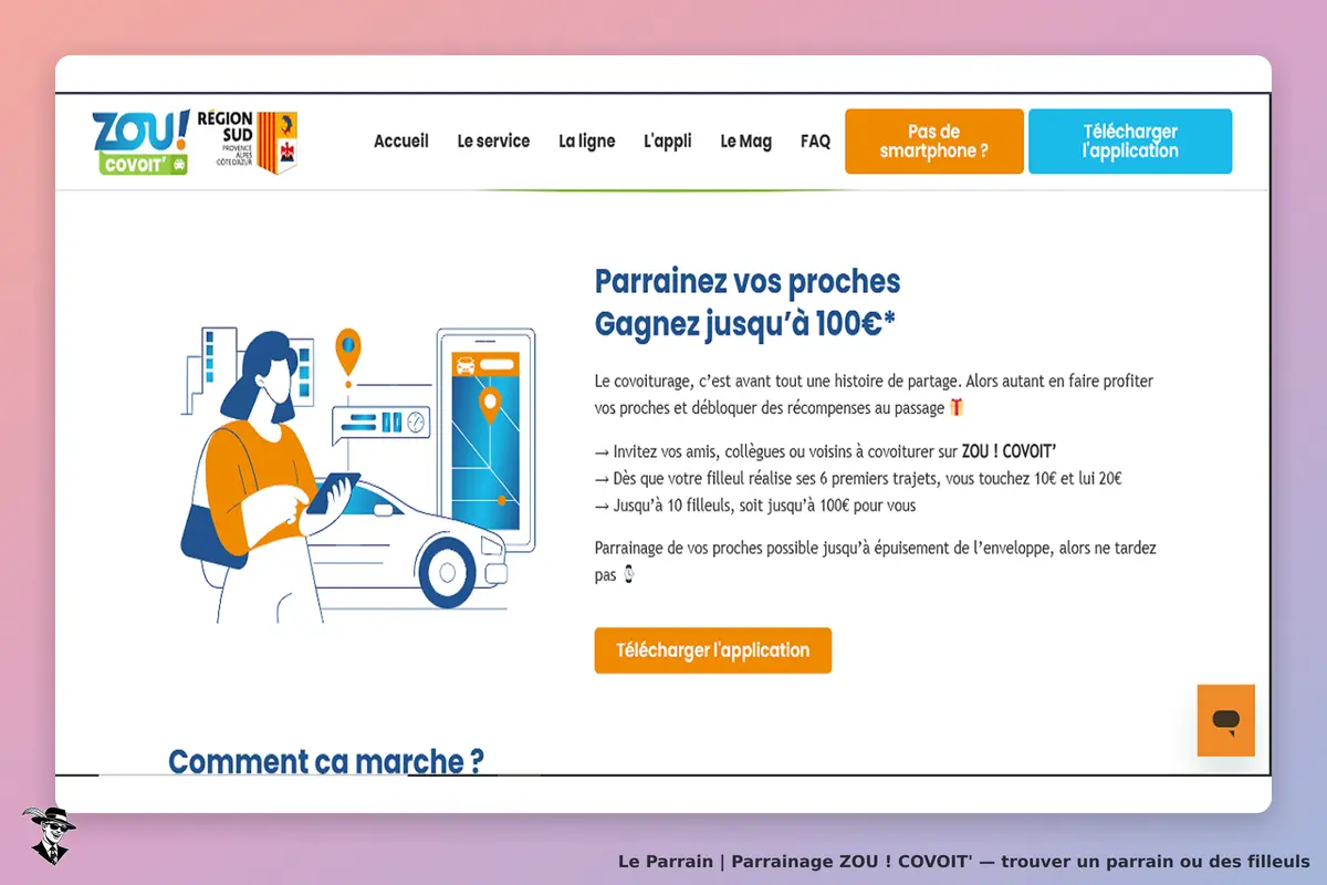ZOU ! COVOIT' : page d'accueil avec illustration d'une personne utilisant une application de