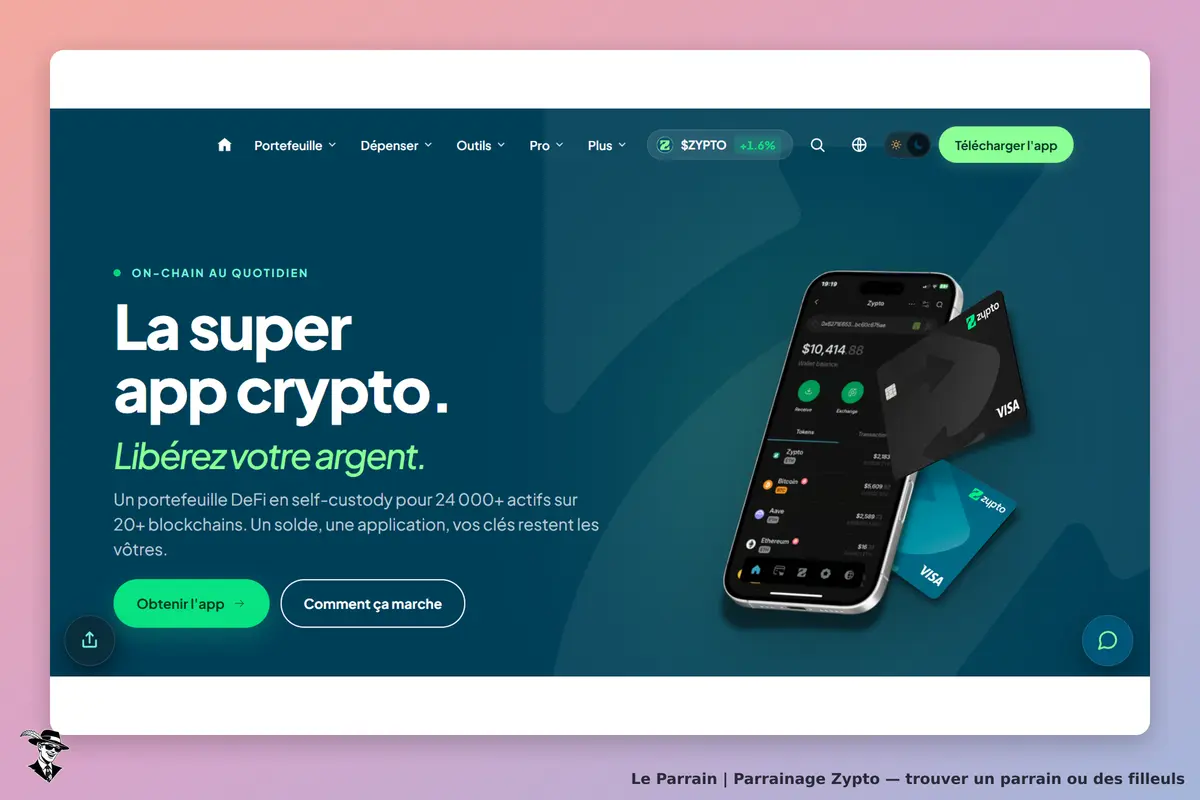 Zypto : page d'accueil présentant une application de portefeuille crypto sur un smartphone