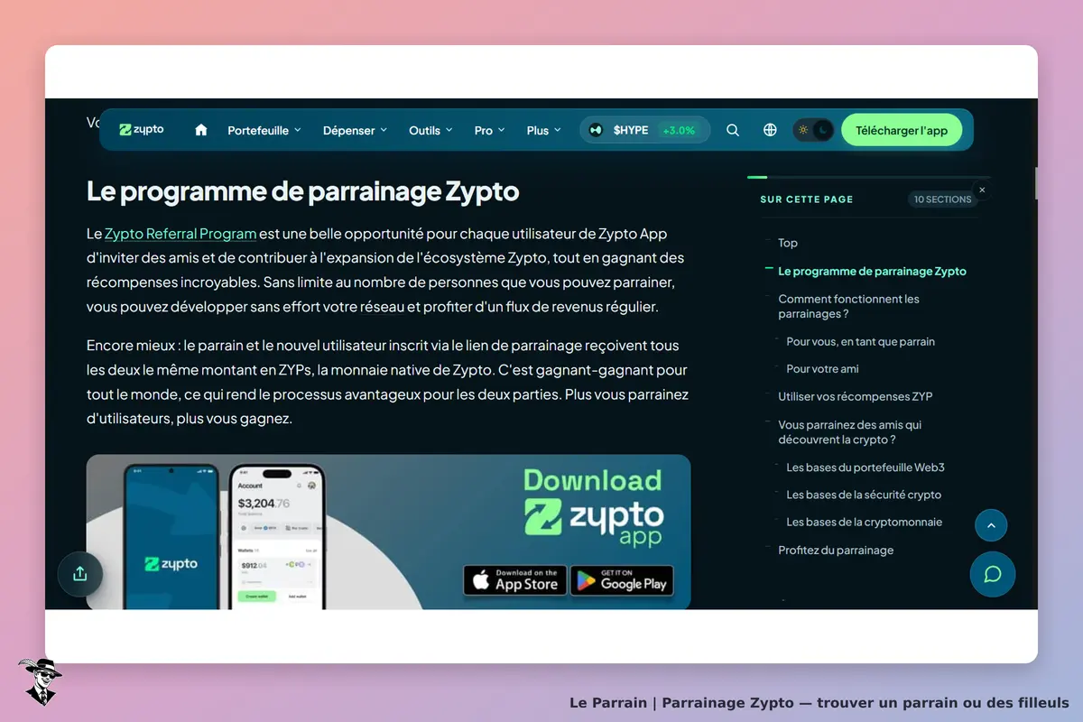 Zypto : présentation du programme de parrainage avec options de téléchargement de l'application