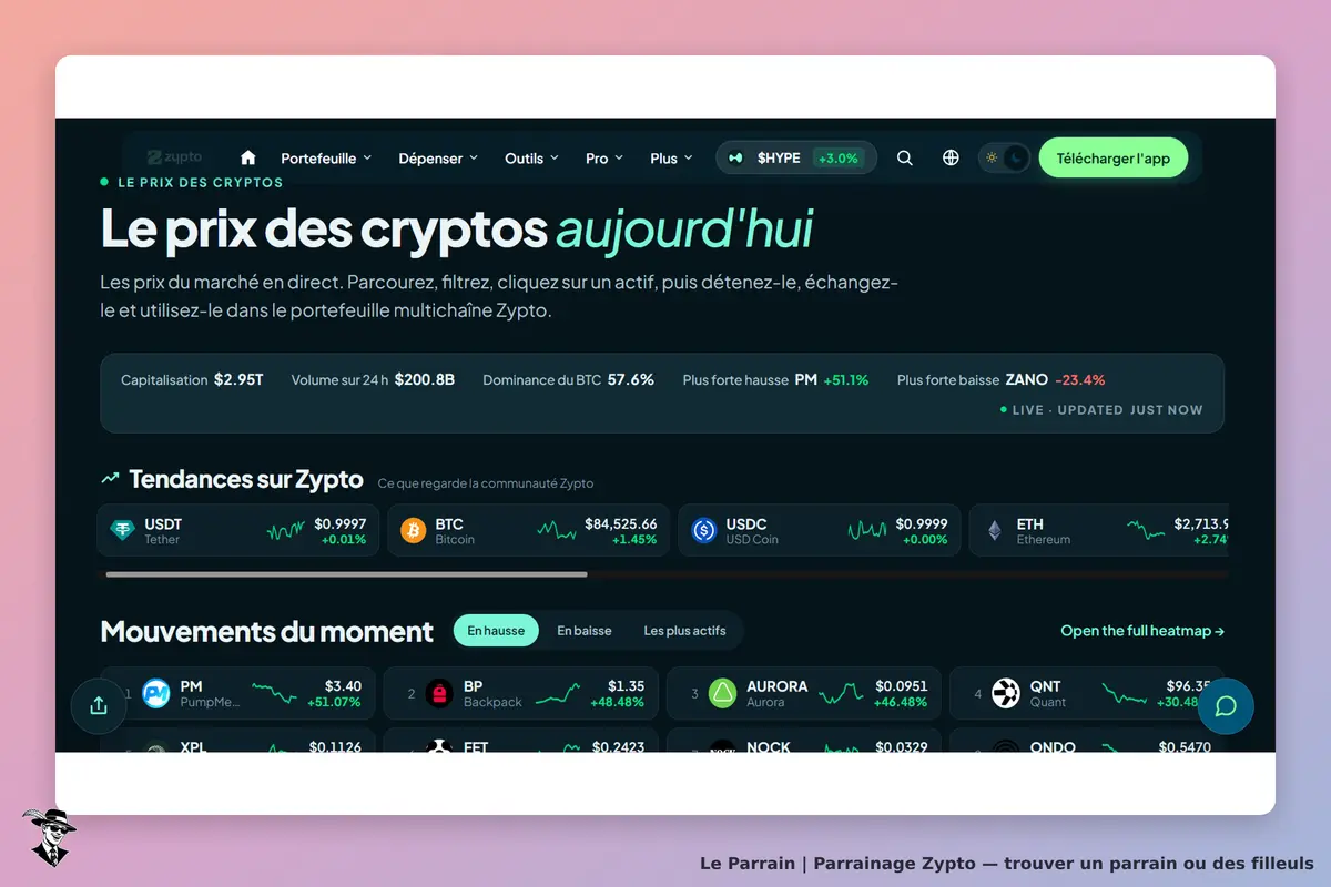 Zypto : page d'accueil affichant les prix des cryptos et les tendances du marché en direct