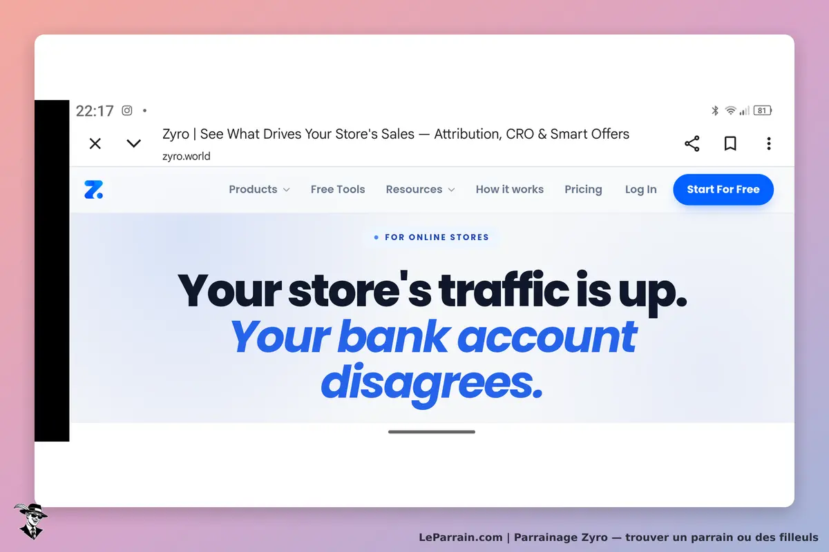 Zyro : page d'accueil avec un message sur le trafic des magasins en ligne