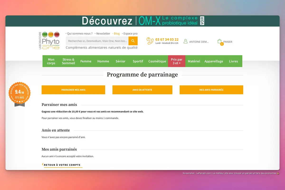 Capture d'écran 1 du programme de parrainage Phyto One