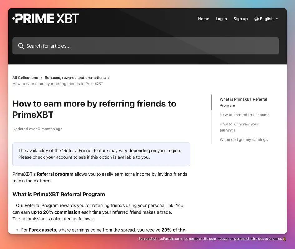 Capture d'écran 1 du programme de parrainage Prime XBT