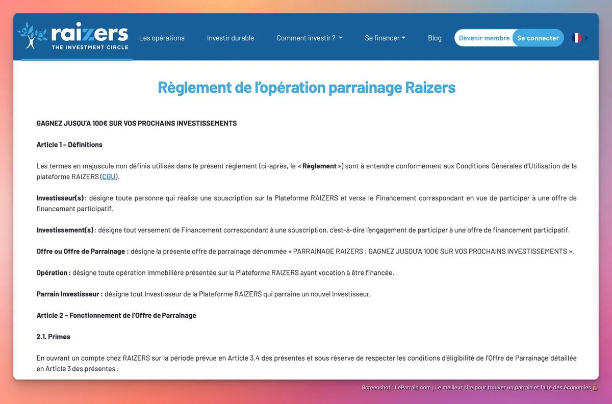 Capture d'écran 2 du programme de parrainage Raizers