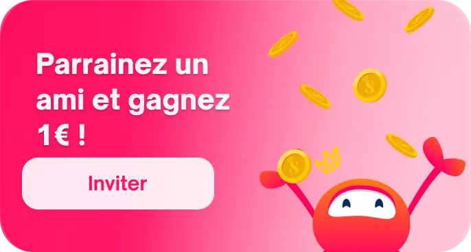 Visuel coloré avec un personnage joyeux lançant des pièces et le texte de parrainage.