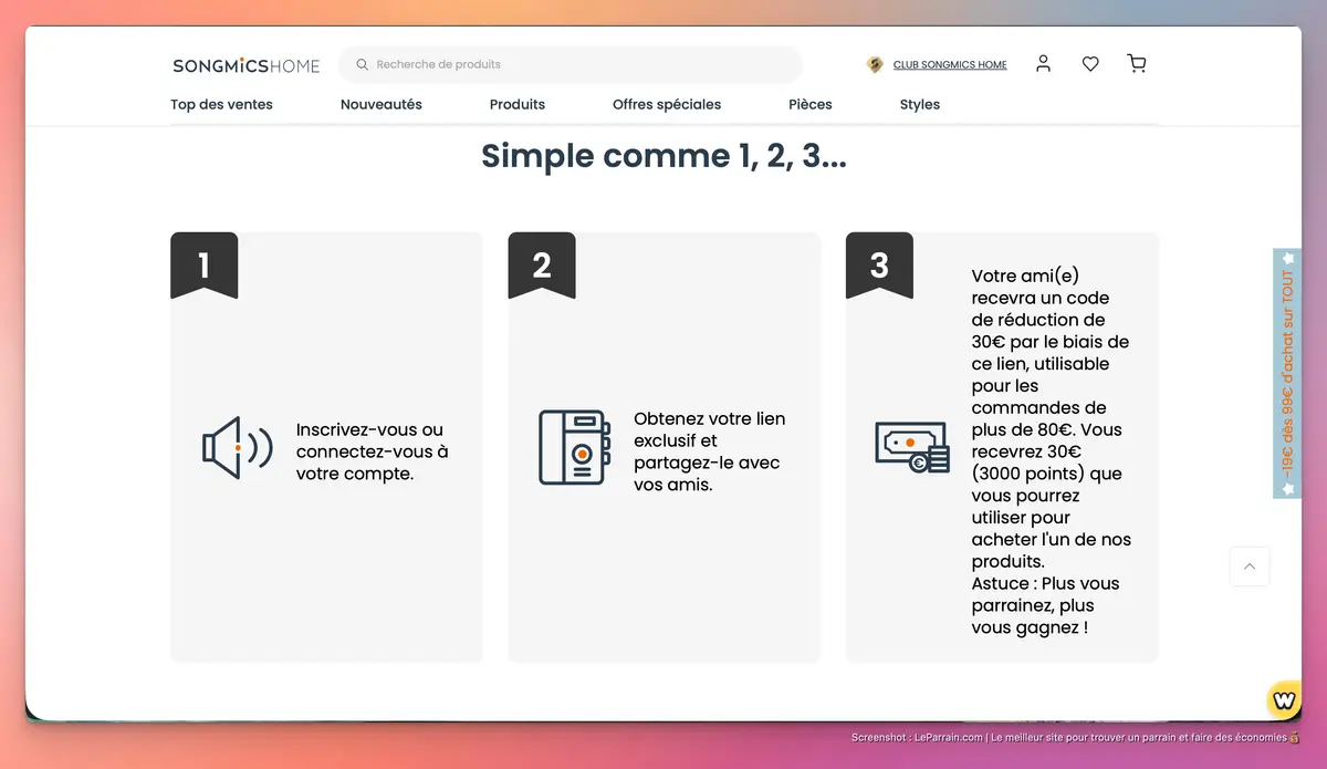 Capture d'écran 2 du programme de parrainage Songmics