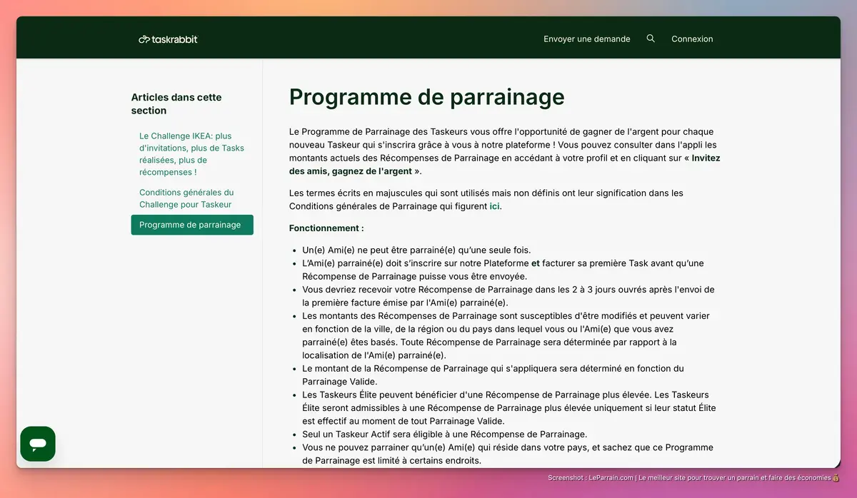 Capture d'écran 1 du programme de parrainage TaskRabbit