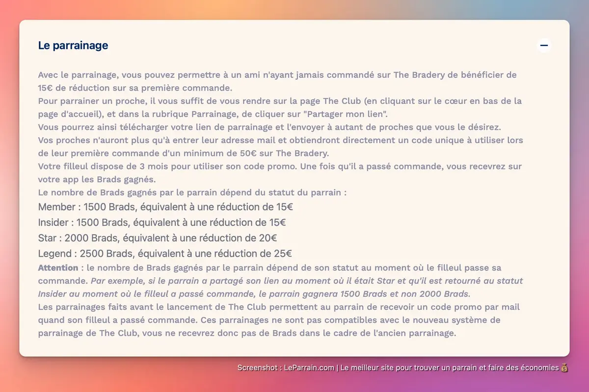 Capture d'écran 1 du programme de parrainage The Bradery