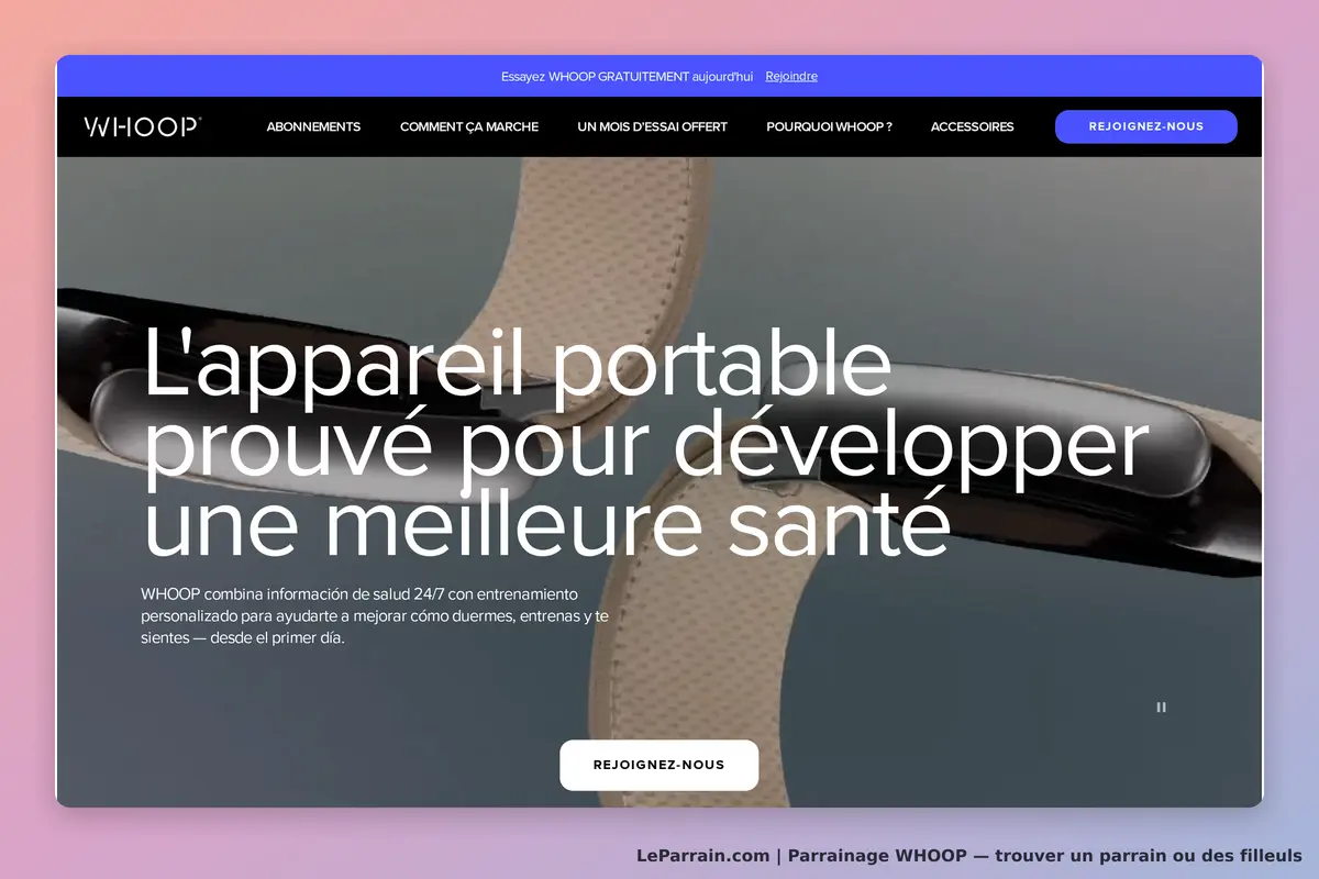 Appareil WHOOP pour améliorer la santé, avec interface et bandeau en arrière-plan.