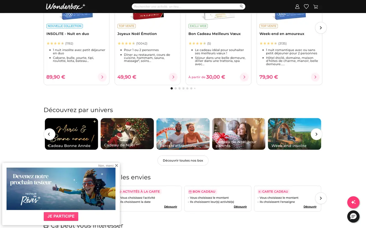 Aperçu du site Wonderbox