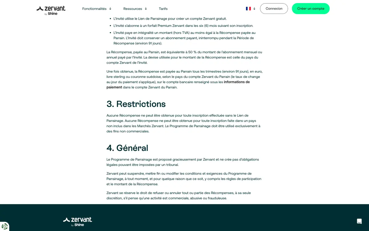 Page programme de parrainage Zervant by Shine